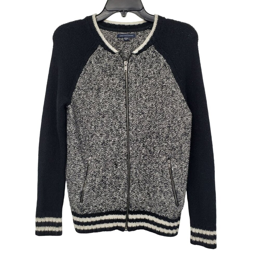 American Eagle Outfitters Womens S Black Gray Knit Bomber Jacket Full Zip
